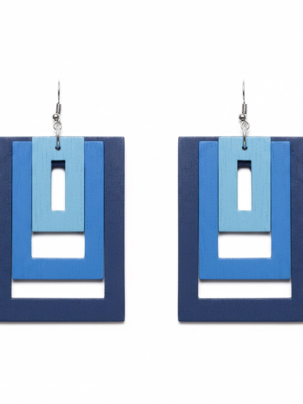 Womens Wood Blue Two-Tone Square Earrings - Picture 2 of 3